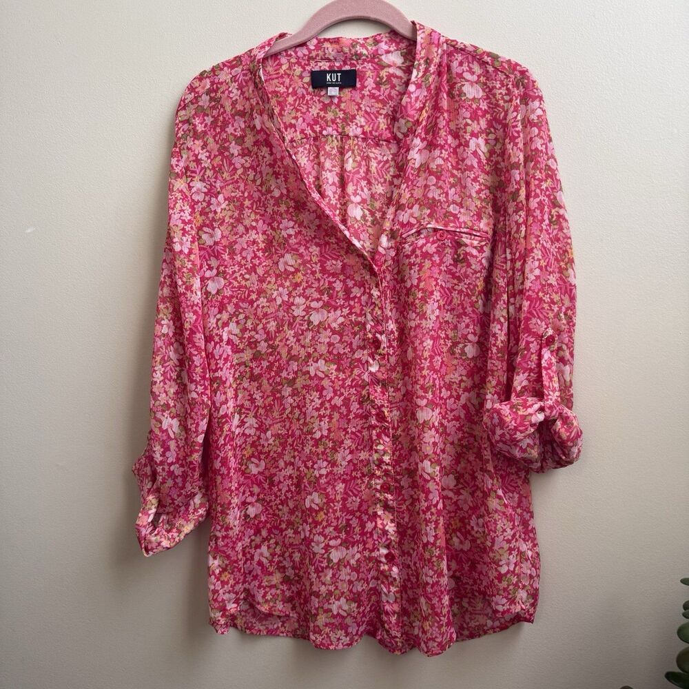 Kut From The Kloth Pink Floral Roll Tab Sleeve Blouse Sheer lightweight NWOT XL